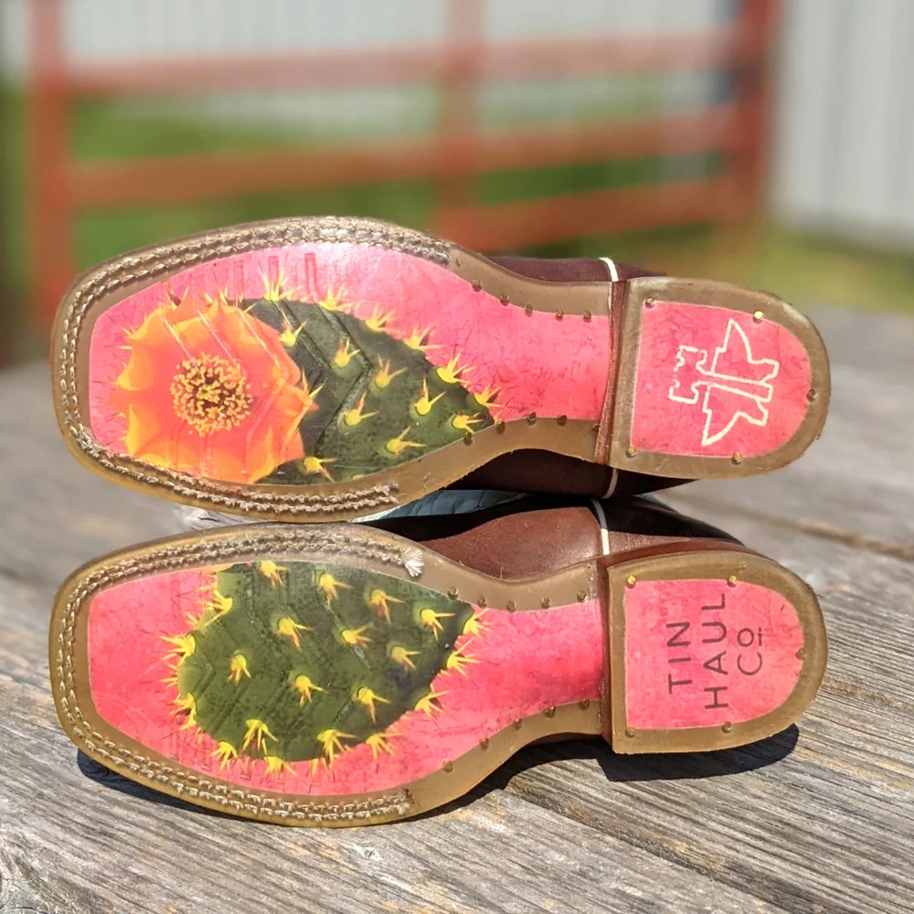 TIN HAUL I<3 Cactus🌵 cowgirl boots brown/lake green/pink sz 2 little girl NWT